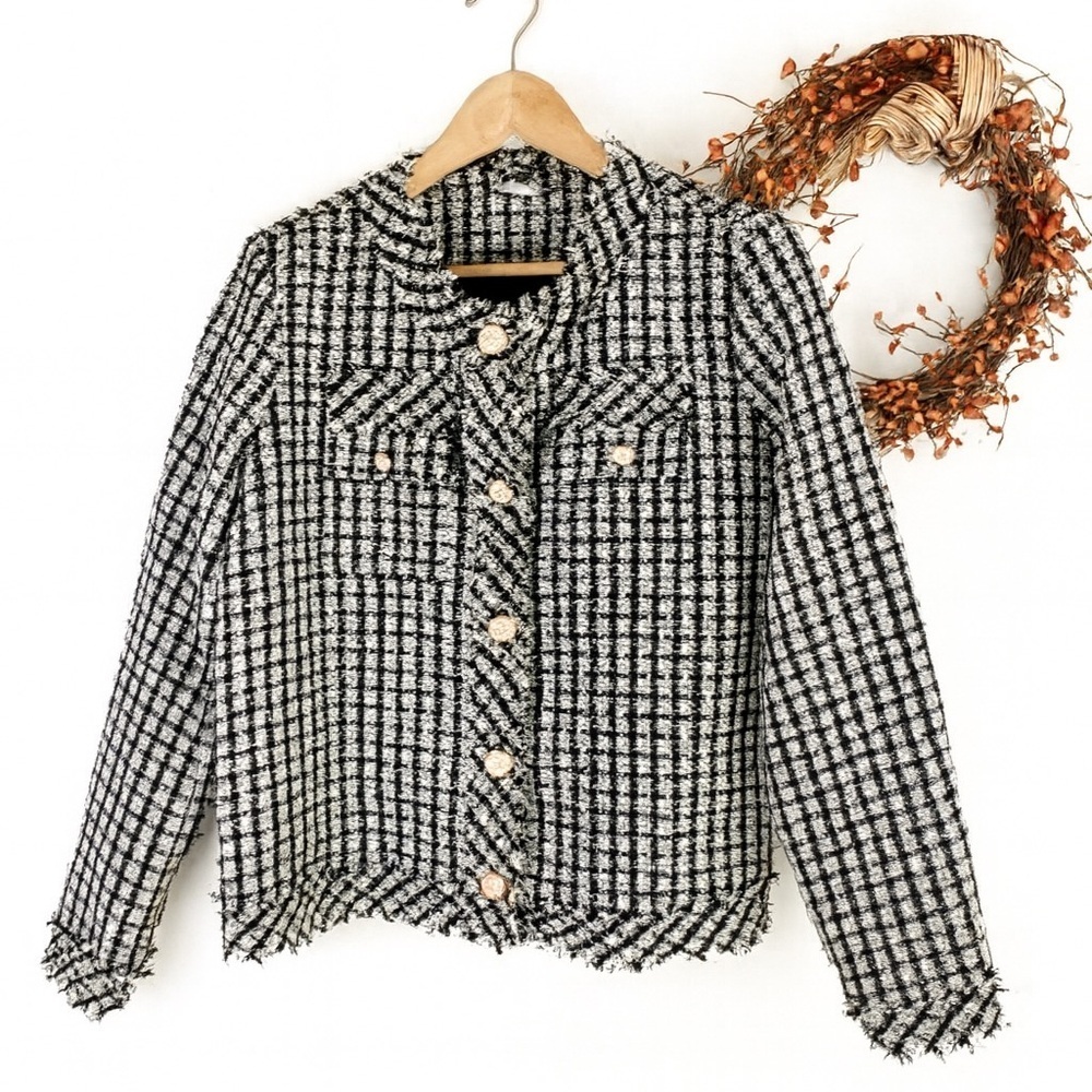 Adrianna Papell Crew Neck Long Sleeve Tweed Blazer MEDIUM Black White Windowpane